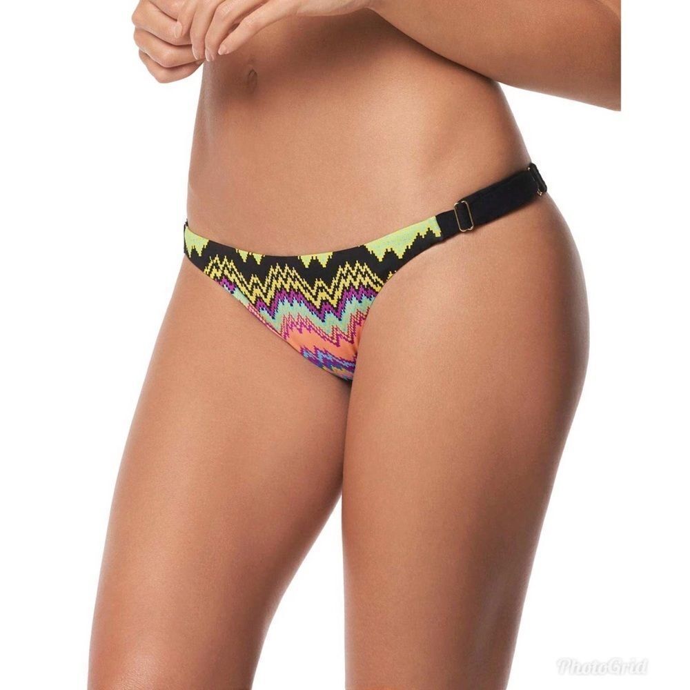PILYQ Rainbow Low Rise Bikini Bottom Adjustable Waist Black Pink Green Small New